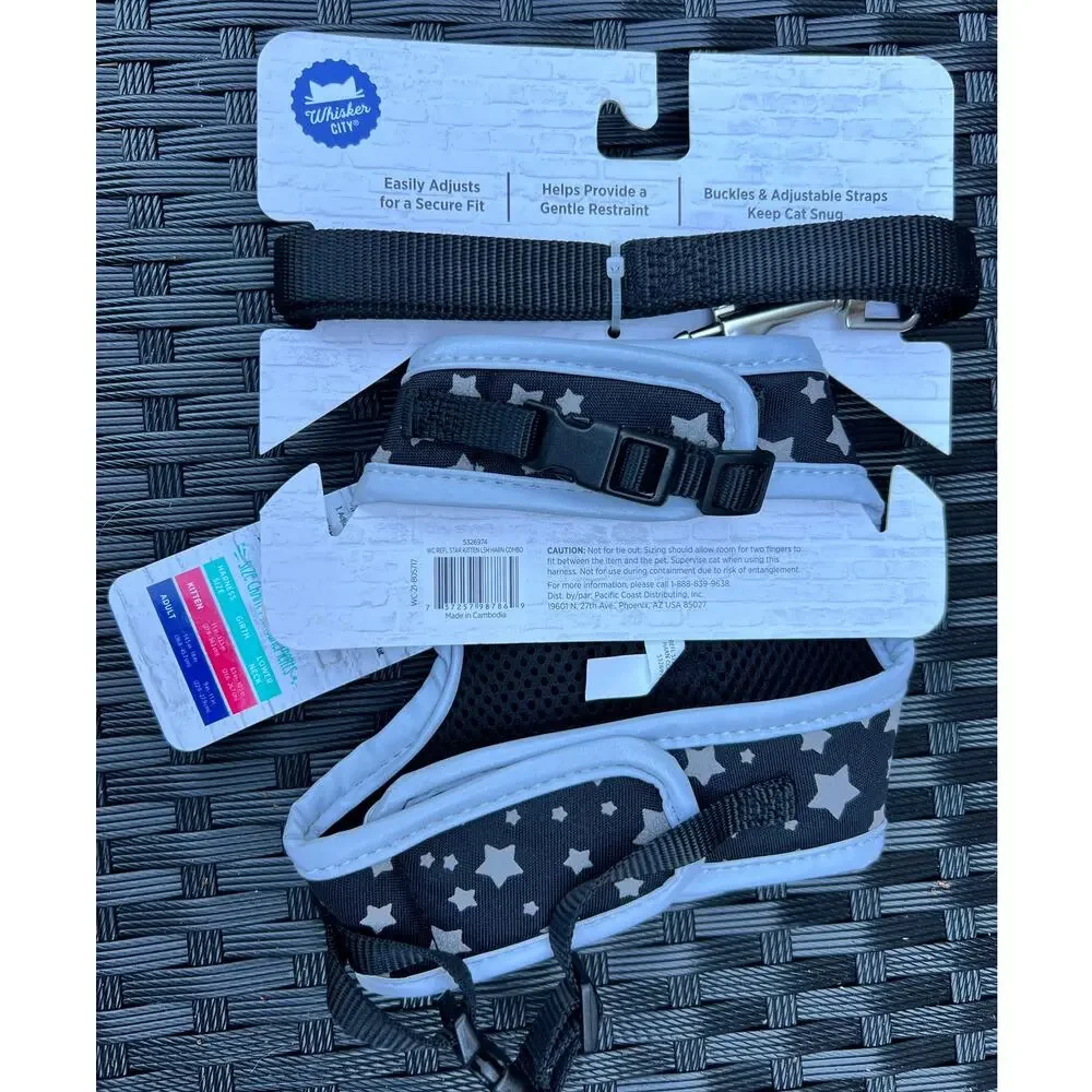 Whisker City Black and Silver Star Kitten Size Comfort Harness and Leash